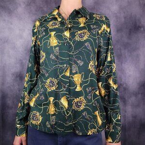 Pendleton forest green and gold equestrian prep old money style satin blouse